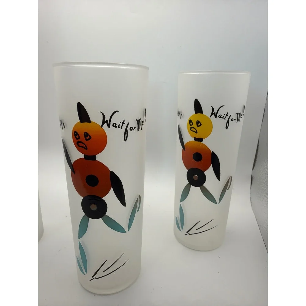 Vintage Frosted Glass Tumblers Hey Wait for Me Mid Century Modern Set of 5